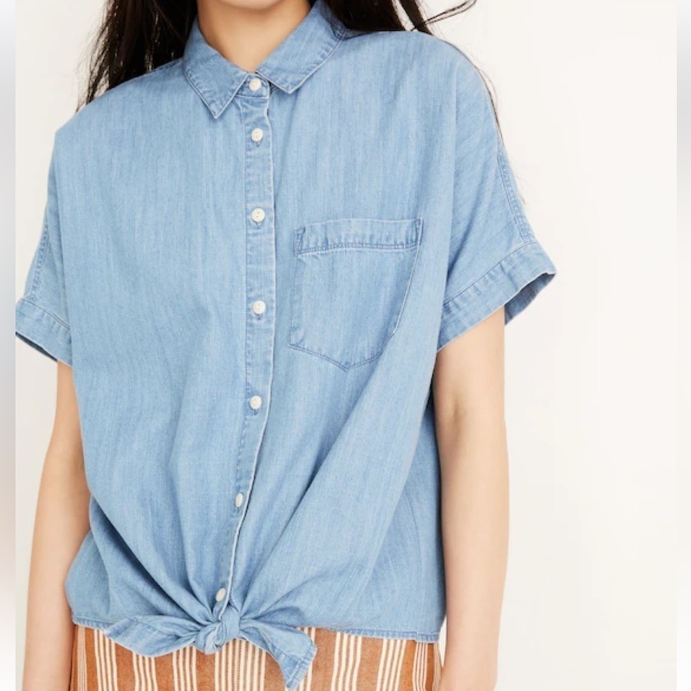 Madewell Denim Short-Sleeve Tie-Front Shirt in Hillford Wash Blue Sz S oversized